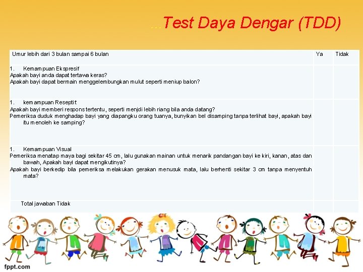 …Test Daya Dengar (TDD) Umur lebih dari 3 bulan sampai 6 bulan Ya Tidak