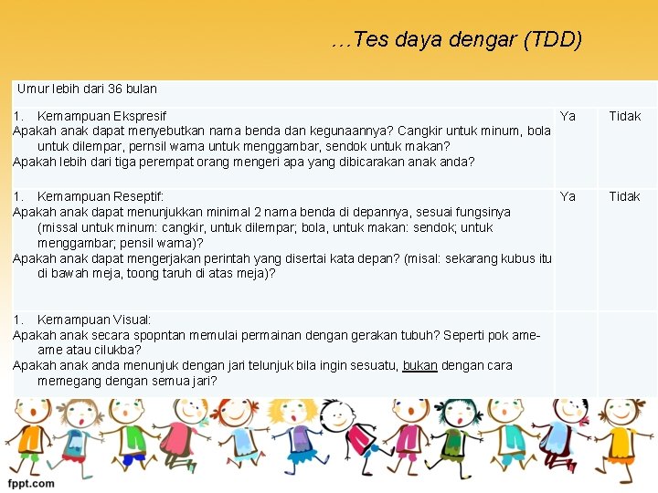 …Tes daya dengar (TDD) Umur lebih dari 36 bulan 1. Kemampuan Ekspresif Ya Apakah