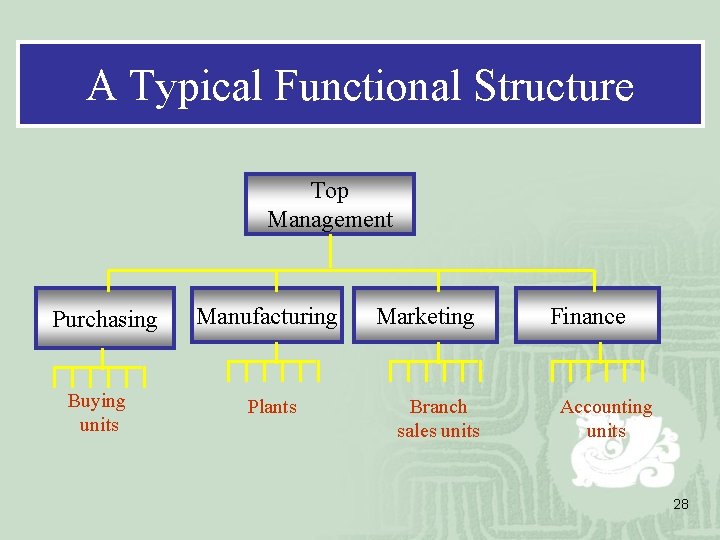 A Typical Functional Structure Top Management Purchasing Buying units Manufacturing Plants Marketing Branch sales