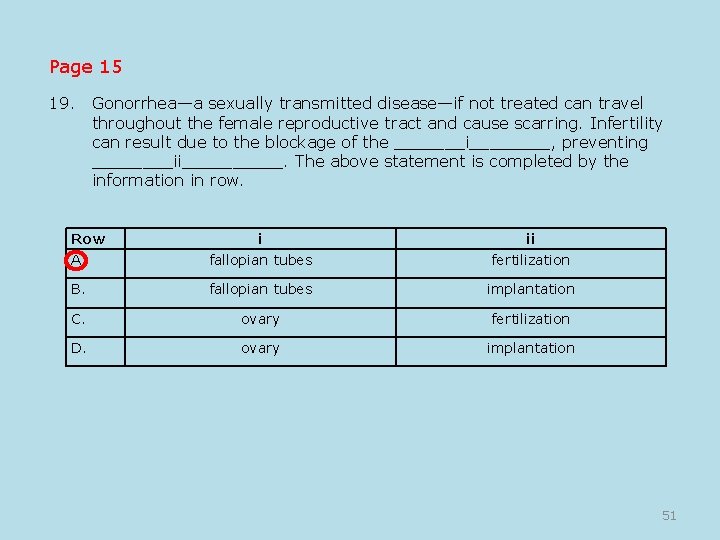 Page 15 19. Gonorrhea—a sexually transmitted disease—if not treated can travel throughout the female