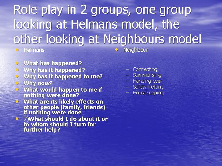 Role play in 2 groups, one group looking at Helmans model, the other looking