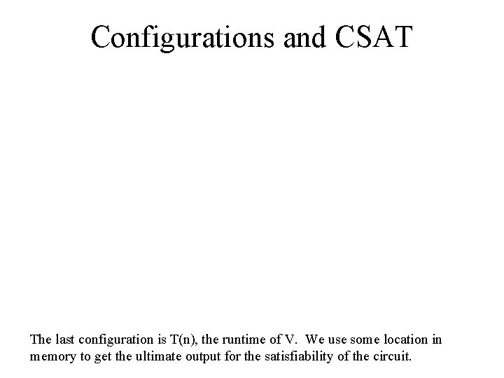Configurations and CSAT The last configuration is T(n), the runtime of V. We use