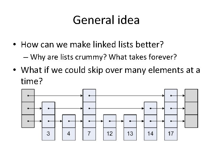 General idea • How can we make linked lists better? – Why are lists