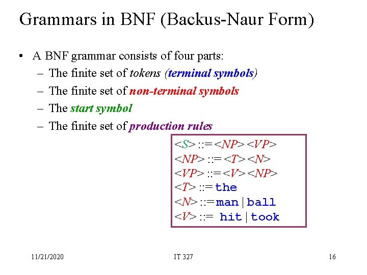 Grammars in BNF (Backus-Naur Form) • A BNF grammar consists of four parts: –