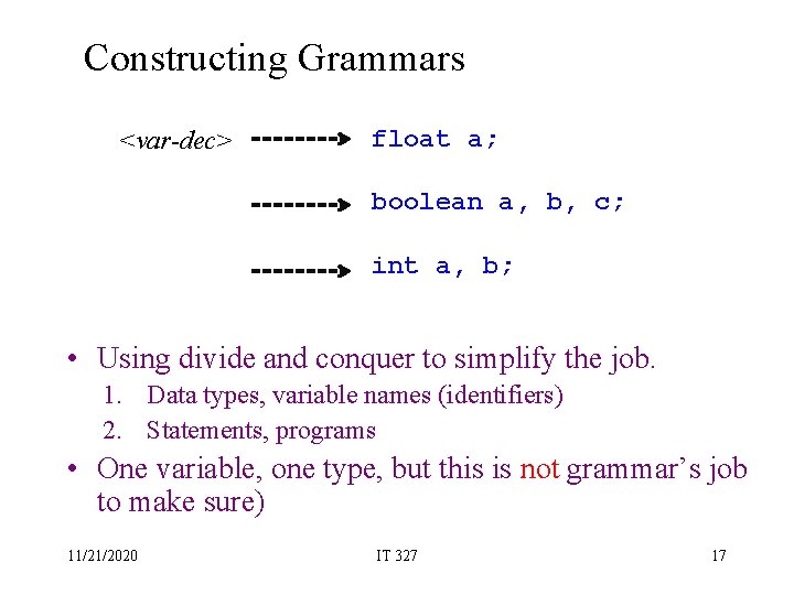 Constructing Grammars <var-dec> float a; boolean a, b, c; int a, b; • Using