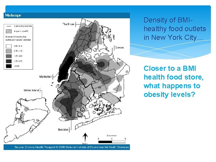 Density of BMIhealthy food outlets in New York City… Closer to a BMI health Density of BMIhealthy food outlets in New York City… Closer to a BMI health