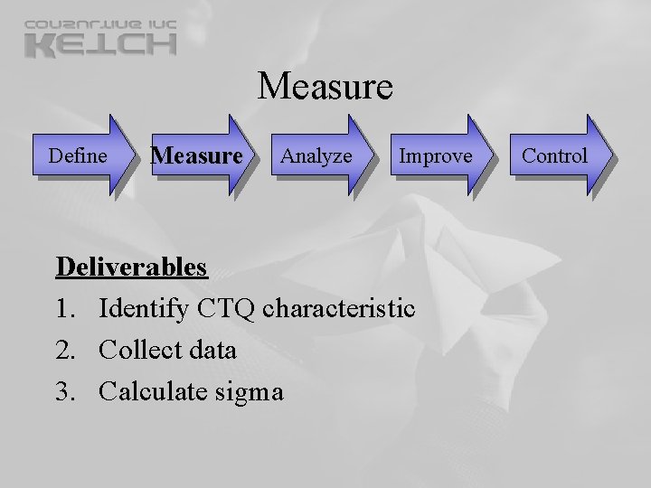 Measure Define Measure Analyze Improve Deliverables 1. Identify CTQ characteristic 2. Collect data 3. Measure Define Measure Analyze Improve Deliverables 1. Identify CTQ characteristic 2. Collect data 3.
