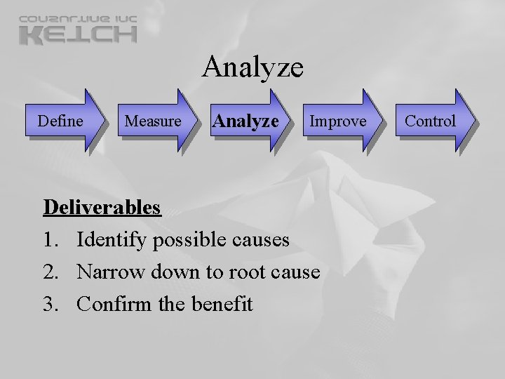 Analyze Define Measure Analyze Improve Deliverables 1. Identify possible causes 2. Narrow down to Analyze Define Measure Analyze Improve Deliverables 1. Identify possible causes 2. Narrow down to