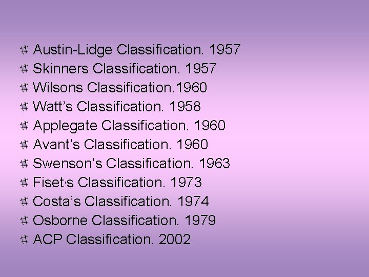 Austin-Lidge Classification. 1957 Skinners Classification. 1957 Wilsons Classification. 1960 Watt’s Classification. 1958 Applegate Classification.