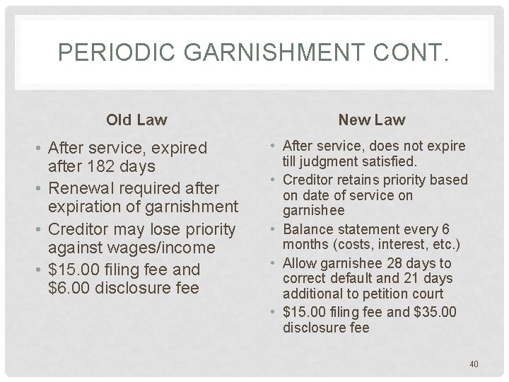 PERIODIC GARNISHMENT CONT. Old Law New Law • After service, expired after 182 days