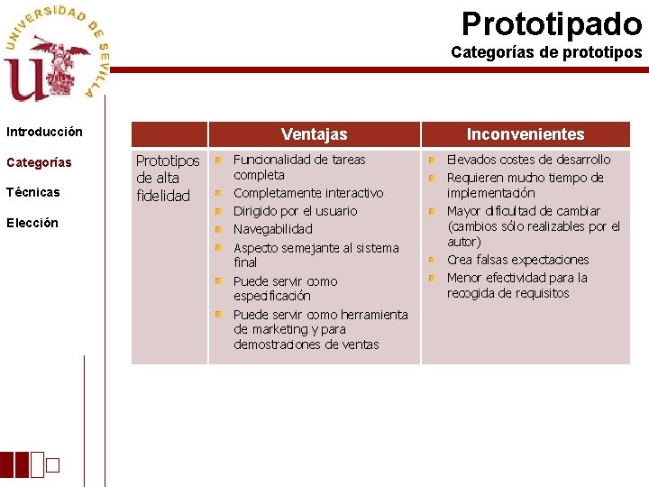 Prototipado Categorías de prototipos Introducción Categorías Técnicas Elección Ventajas Prototipos de alta fidelidad Funcionalidad