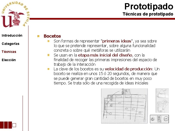 Prototipado Técnicas de prototipado Introducción Categorías Técnicas Elección Bocetos Son formas de representar "primeras
