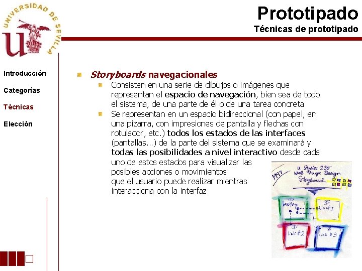 Prototipado Técnicas de prototipado Introducción Categorías Técnicas Elección Storyboards navegacionales Consisten en una serie