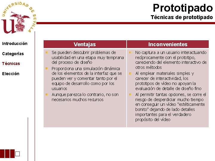 Prototipado Técnicas de prototipado Introducción Categorías Técnicas Elección Ventajas Se pueden descubrir problemas de