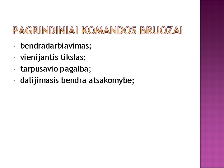  bendradarbiavimas; vienijantis tikslas; tarpusavio pagalba; dalijimasis bendra atsakomybe; 