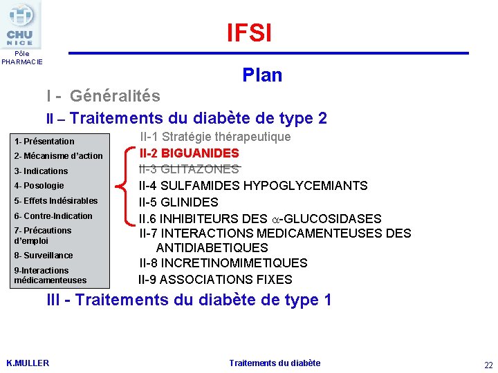 IFSI Pôle PHARMACIE Plan I - Généralités II – Traitements du diabète de type