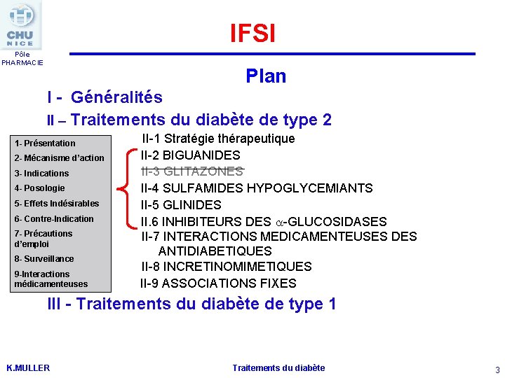 IFSI Pôle PHARMACIE Plan I - Généralités II – Traitements du diabète de type