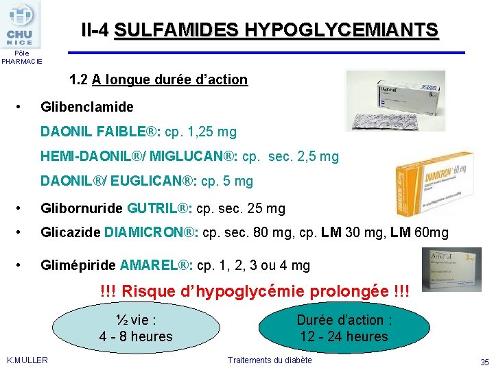 II-4 SULFAMIDES HYPOGLYCEMIANTS Pôle PHARMACIE 1. 2 A longue durée d’action • Glibenclamide DAONIL