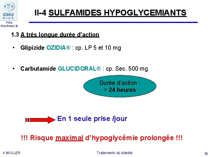 II-4 SULFAMIDES HYPOGLYCEMIANTS Pôle PHARMACIE 1. 3 A très longue durée d’action • Glipizide