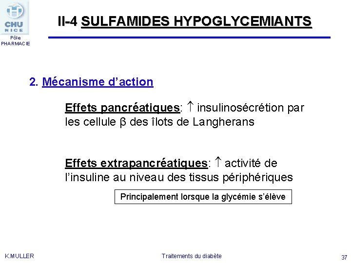 II-4 SULFAMIDES HYPOGLYCEMIANTS Pôle PHARMACIE 2. Mécanisme d’action Effets pancréatiques: insulinosécrétion par les cellule