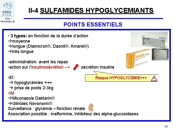 II-4 SULFAMIDES HYPOGLYCEMIANTS Pôle PHARMACIE POINTS ESSENTIELS • 3 types: en fonction de la
