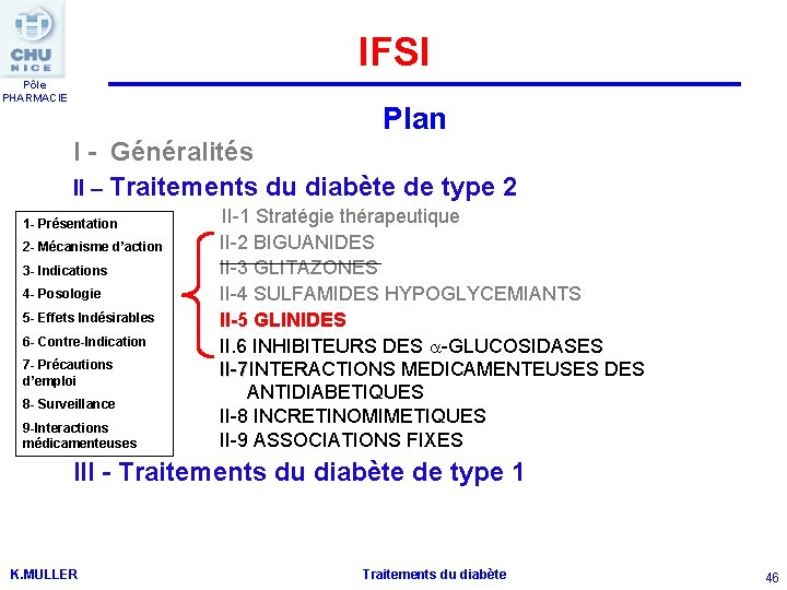 IFSI Pôle PHARMACIE Plan I - Généralités II – Traitements du diabète de type
