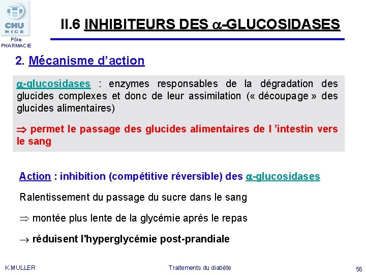 II. 6 INHIBITEURS DES -GLUCOSIDASES Pôle PHARMACIE 2. Mécanisme d’action -glucosidases : enzymes responsables