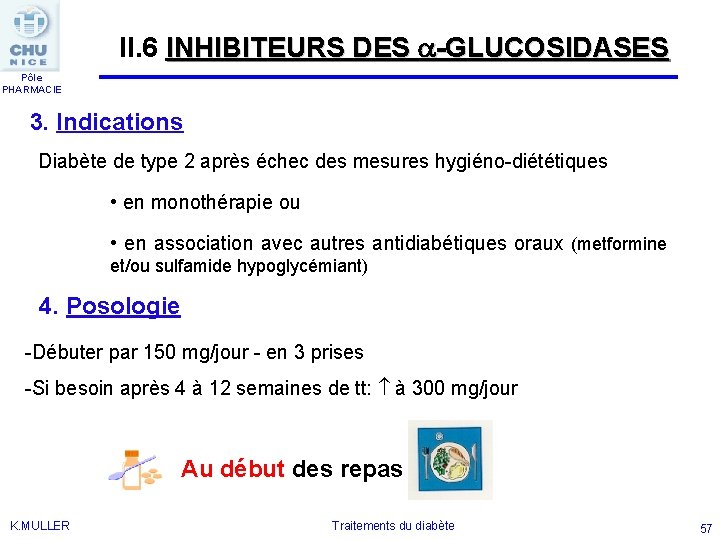 II. 6 INHIBITEURS DES -GLUCOSIDASES Pôle PHARMACIE 3. Indications Diabète de type 2 après