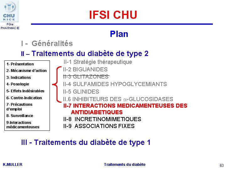IFSI CHU Pôle PHARMACIE Plan I - Généralités II – Traitements du diabète de