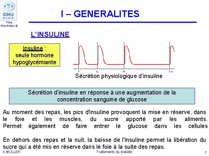 I – GENERALITES Pôle PHARMACIE L’INSULINE Insuline : seule hormone hypoglycémiante Sécrétion physiologique d’insuline