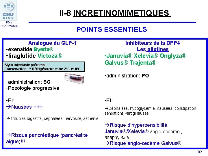II-8 INCRETINOMIMETIQUES Pôle PHARMACIE POINTS ESSENTIELS Inhibiteurs de la DPP 4 Les gliptines Analogue