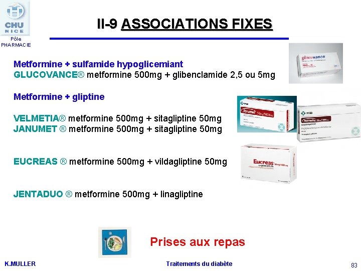 II-9 ASSOCIATIONS FIXES Pôle PHARMACIE Metformine + sulfamide hypoglicemiant GLUCOVANCE® metformine 500 mg +