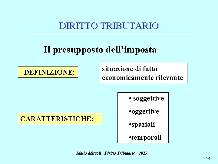 DIRITTO TRIBUTARIO ________________________________________________________________________ Il presupposto dell’imposta situazione di fatto economicamente rilevante DEFINIZIONE: • soggettive