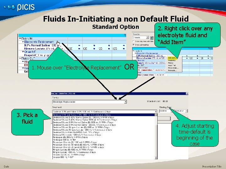 Fluids In-Initiating a non Default Fluid Standard Option 1. Mouse over “Electrolyte Replacement” 3.