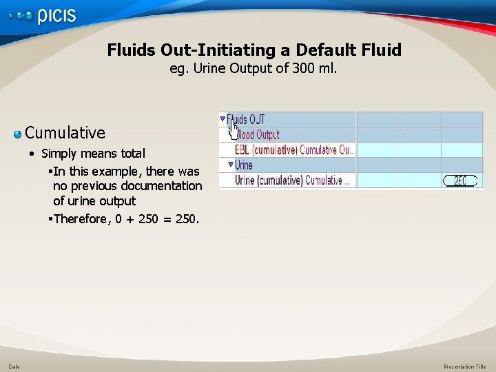 Fluids Out-Initiating a Default Fluid eg. Urine Output of 300 ml. Cumulative • Simply