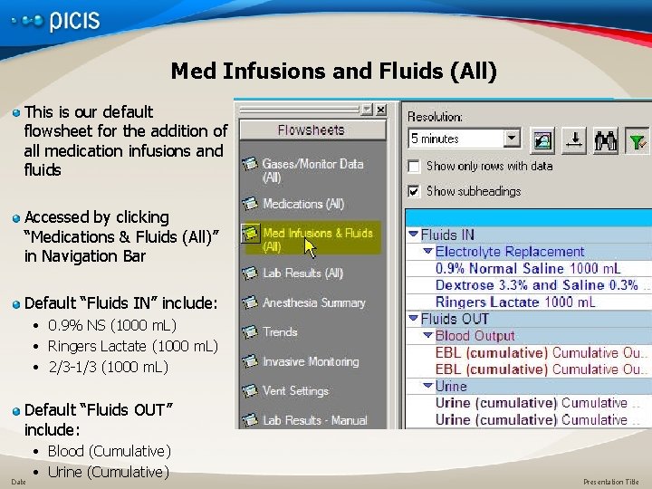 Med Infusions and Fluids (All) This is our default flowsheet for the addition of