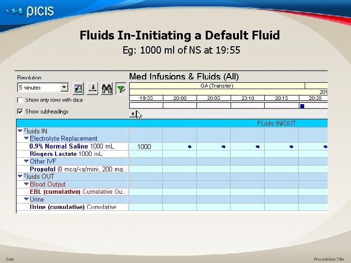 Fluids In-Initiating a Default Fluid Eg: 1000 ml of NS at 19: 55 Date