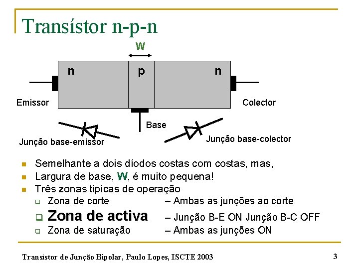 Transístor n-p-n W n p n Emissor Colector Base Junção base-emissor n n n