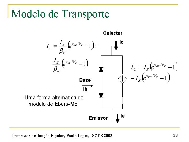 Modelo de Transporte Colector Ic Base Ib Uma forma alternatica do modelo de Ebers-Moll