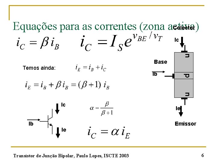 Colector Equações para as correntes (zona activa) Ic n Base Temos ainda: p Ib