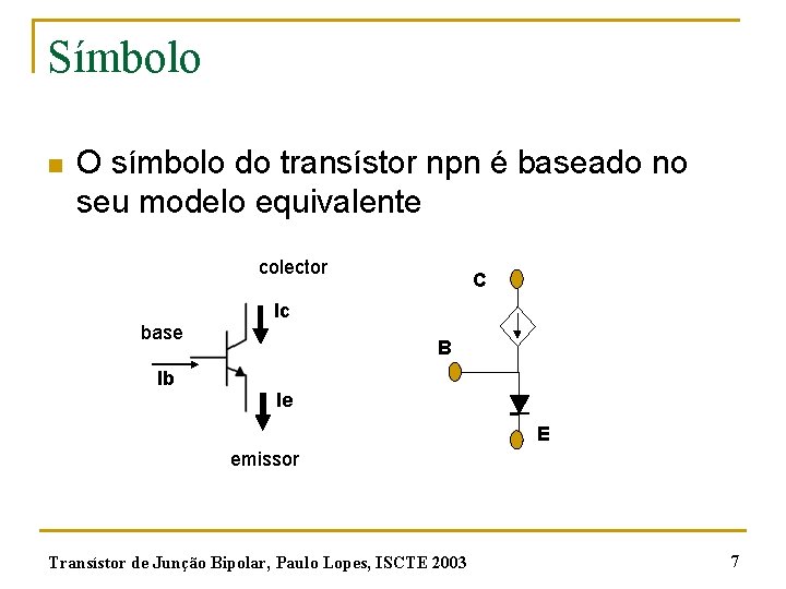 Símbolo n O símbolo do transístor npn é baseado no seu modelo equivalente colector