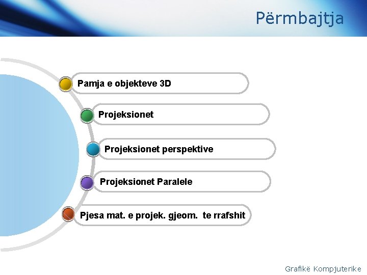 Përmbajtja Pamja e objekteve 3 D Projeksionet perspektive Projeksionet Paralele Pjesa mat. e projek.