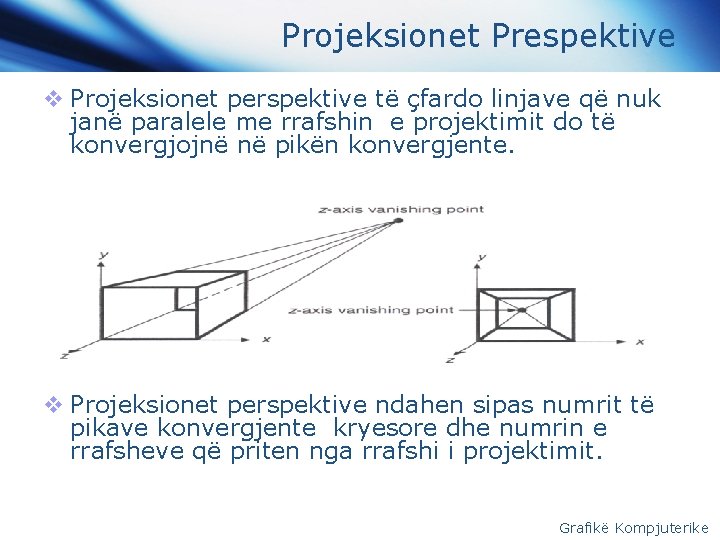 Projeksionet Prespektive v Projeksionet perspektive të çfardo linjave që nuk janë paralele me rrafshin