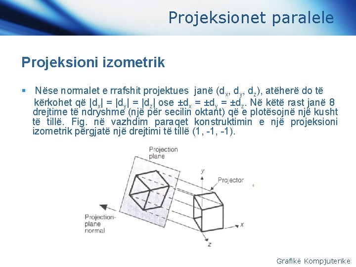 Projeksionet paralele Projeksioni izometrik § Nëse normalet e rrafshit projektues janë (dx, dy, dz),