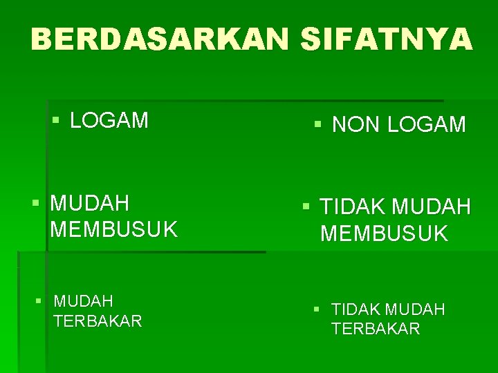 BERDASARKAN SIFATNYA § LOGAM § NON LOGAM § MUDAH MEMBUSUK § TIDAK MUDAH MEMBUSUK