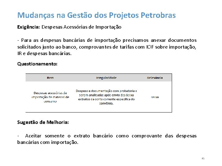 Mudanças na Gestão dos Projetos Petrobras Exigência: Despesas Acessórias de Importação - Para as