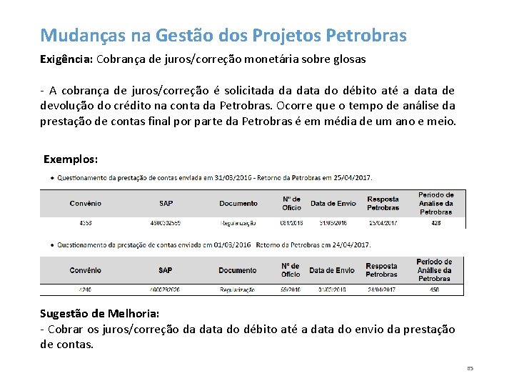 Mudanças na Gestão dos Projetos Petrobras Exigência: Cobrança de juros/correção monetária sobre glosas -