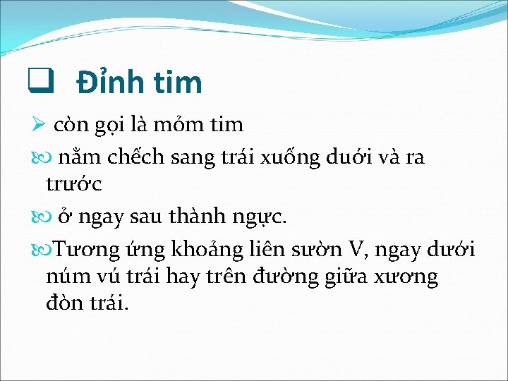 q Đỉnh tim Ø còn gọi là mỏm tim nằm chếch sang trái xuống