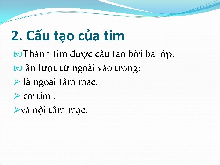 2. Cấu tạo của tim Thành tim được cấu tạo bởi ba lớp: lần