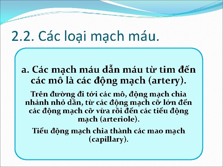 2. 2. Các loại mạch máu. a. Các mạch máu dẫn máu từ tim